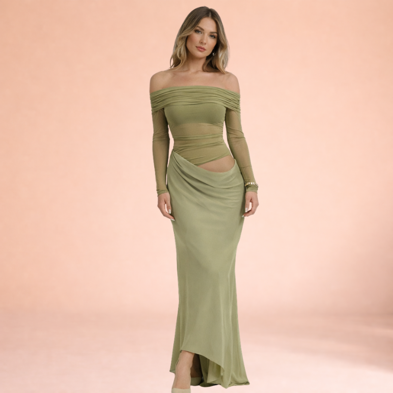 Women’s Off-Shoulder Mesh Ruffle Maxi Dress – Sheer Statement Silhouette