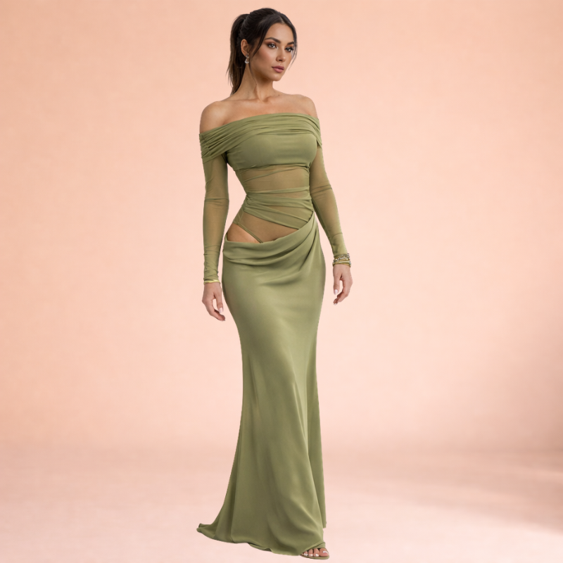 Women’s Off-Shoulder Mesh Ruffle Maxi Dress – Sheer Statement Silhouette