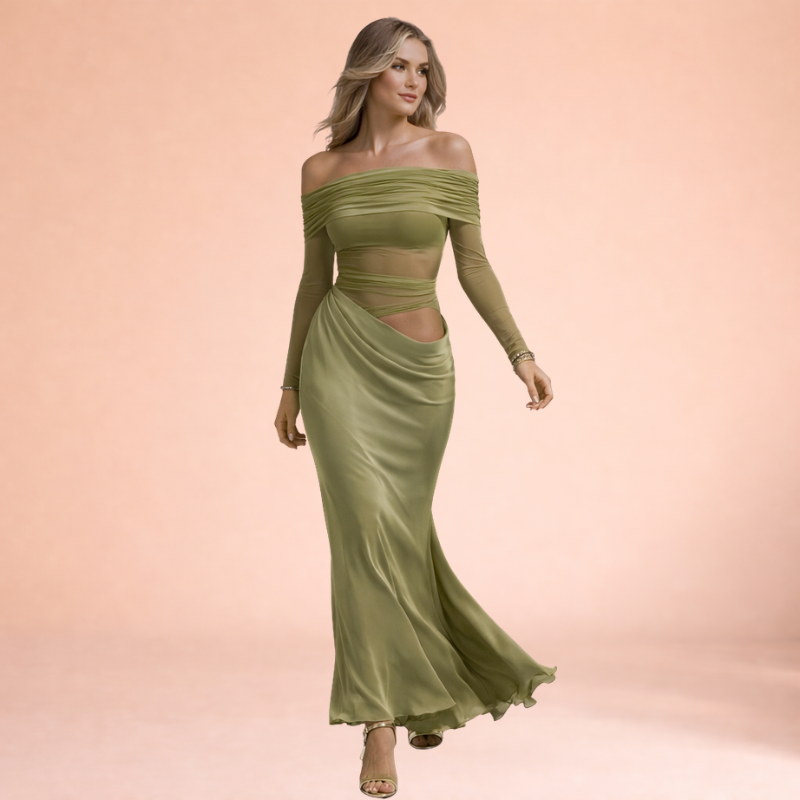 Women’s Off-Shoulder Mesh Ruffle Maxi Dress – Sheer Statement Silhouette