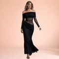 Women’s Off-Shoulder Mesh Ruffle Maxi Dress – Sheer Statement Silhouette