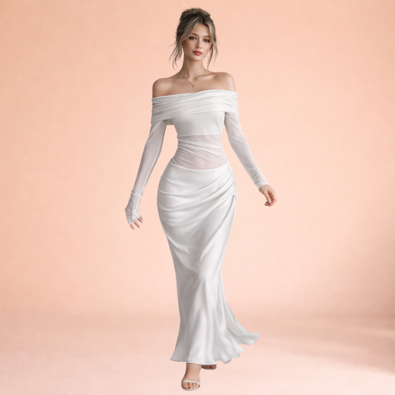 Women’s Off-Shoulder Mesh Ruffle Maxi Dress – Sheer Statement Silhouette