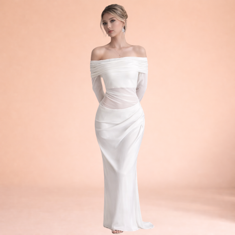 Women’s Off-Shoulder Mesh Ruffle Maxi Dress – Sheer Statement Silhouette