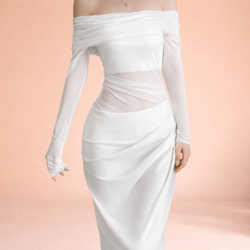 Women’s Off-Shoulder Mesh Ruffle Maxi Dress – Sheer Statement Silhouette