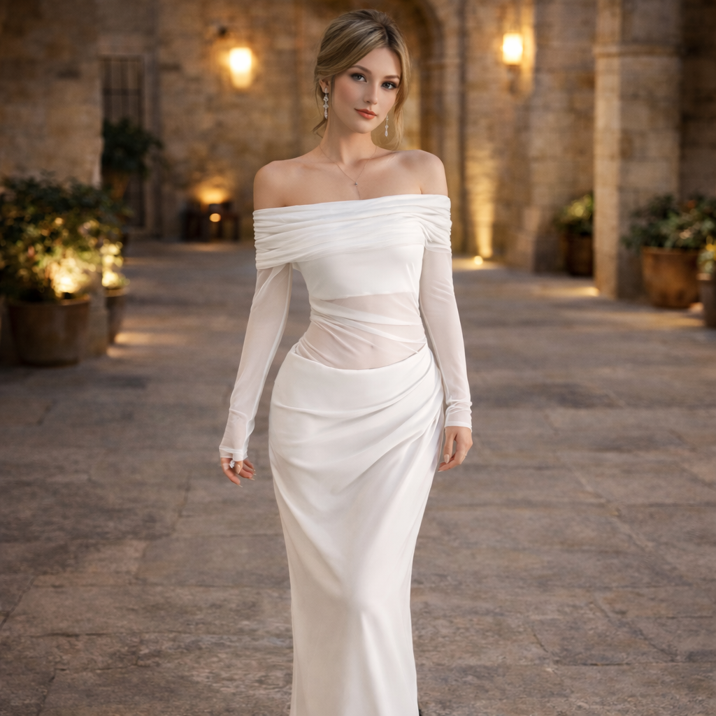 Women’s Off-Shoulder Mesh Ruffle Maxi Dress – Sheer Statement Silhouette