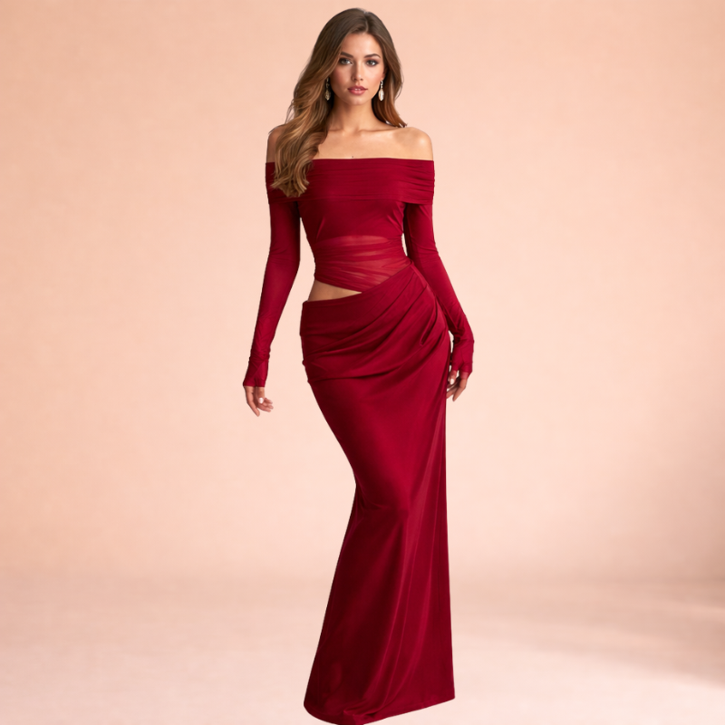 Women’s Off-Shoulder Mesh Ruffle Maxi Dress – Sheer Statement Silhouette