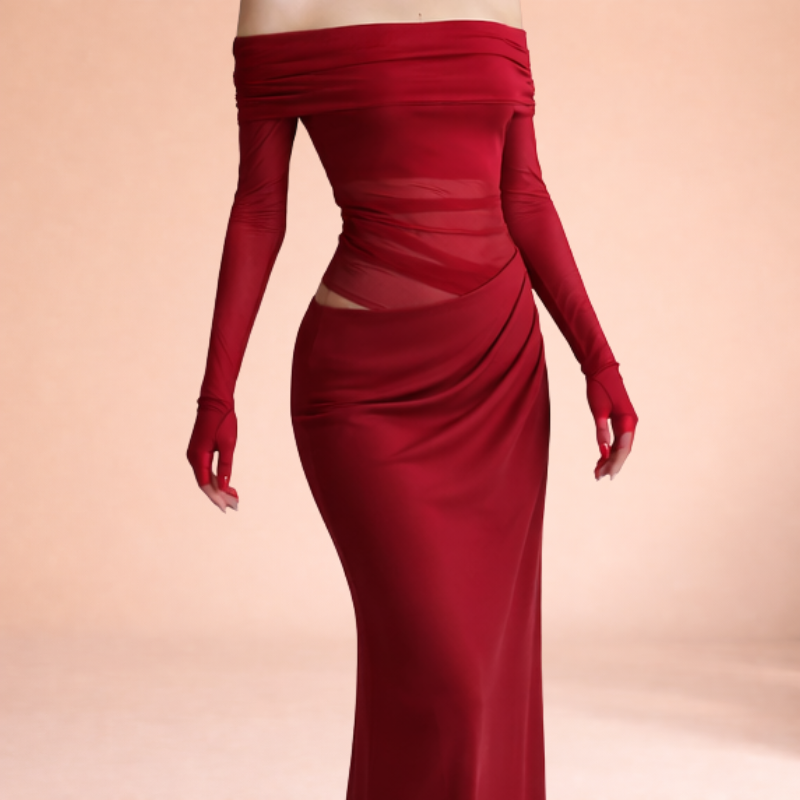 Women’s Off-Shoulder Mesh Ruffle Maxi Dress – Sheer Statement Silhouette