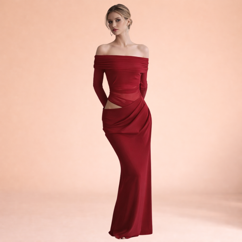 Women’s Off-Shoulder Mesh Ruffle Maxi Dress – Sheer Statement Silhouette