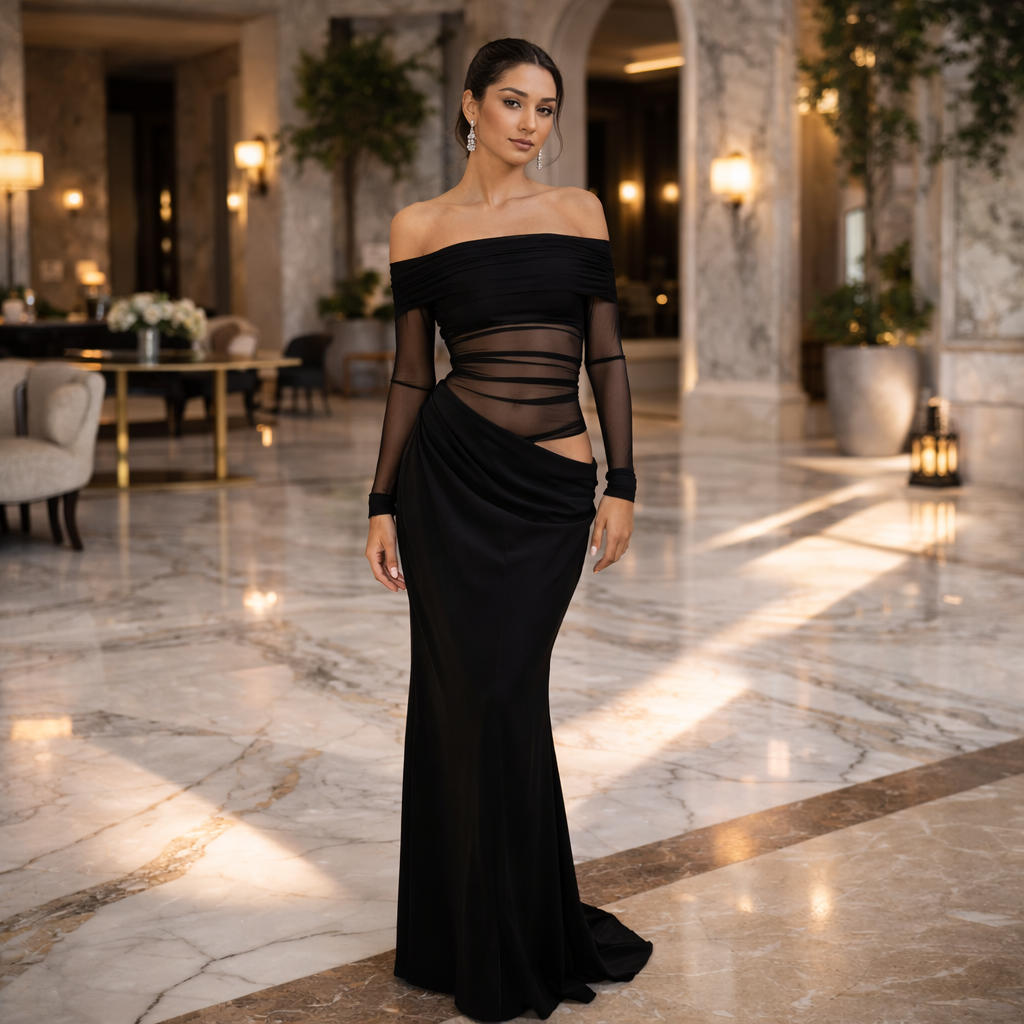 Women’s Off-Shoulder Mesh Ruffle Maxi Dress – Sheer Statement Silhouette