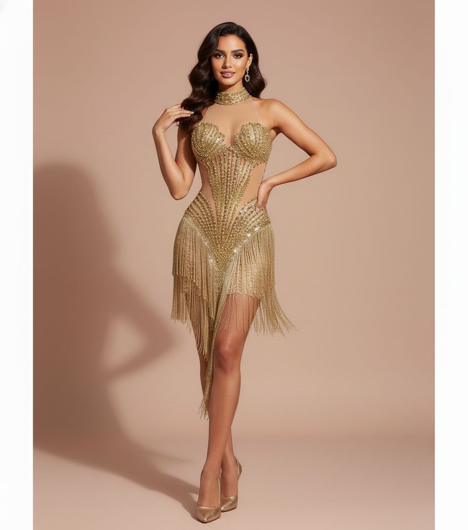 Sparkly Rhinestone Mesh Transparent Sequins Tassel Evening Birthday Party Nightclub Dance Singer Outfit