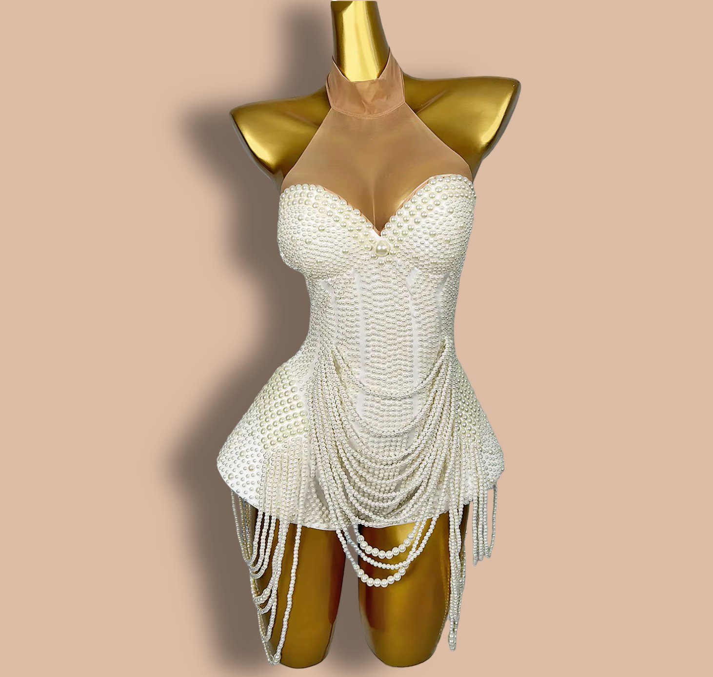 White Pearl Beaded Bodysuit for Women