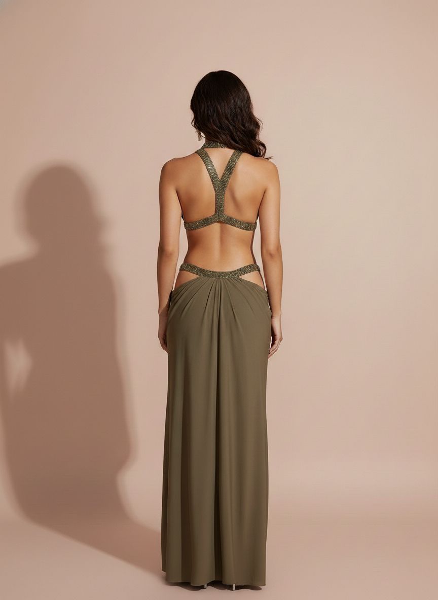 Backless Sequin Halter Maxi Dress