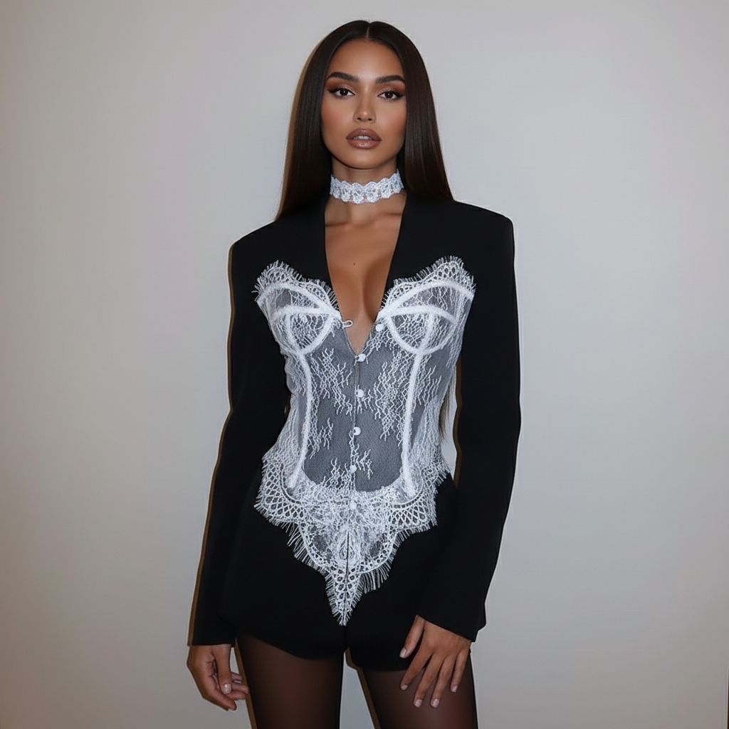 Women’s Lace Patchwork Blazer – V-Neck